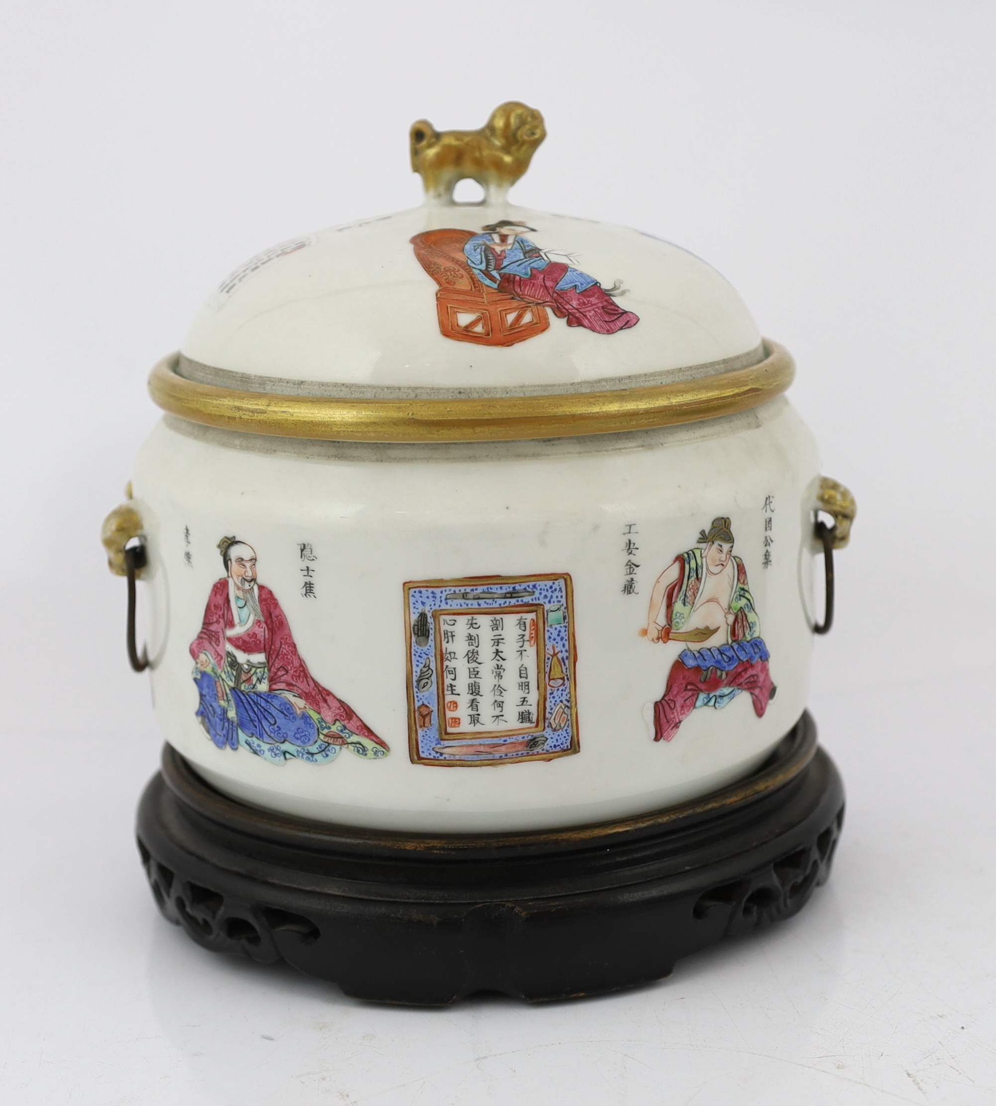 A pair of Chinese famille rose 'Wu Shuang Pu' porridge pots, liners and covers, Daoguang seal marks and of the period (1821-50), star crack to one base